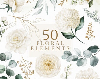 Aquarell Weiß Gold Grün Blumenset Elemente Blumenstrauß Hochzeitseinladung Blume Blätter Clipart PNG Vorlage digitale Eukalyptuskamille