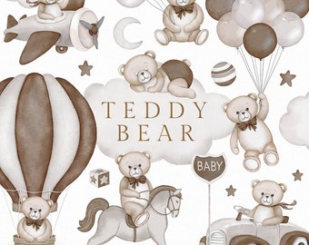 Watercolor Teddy bear clipart boy girl baby shower brown vintage cute boho editable welcome sign poster instant download PNG digital invite