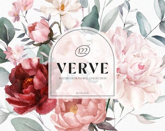 Watercolor Pink Burgundy Blush Green eucalyptus bouquet border frame rose peony flowers wedding invitation floral clipart digital greenery
