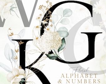 Zwart Wit Goud Groen Eucalyptus Alfabet Ampersand Nummer Aquarel bloemen clipart bruiloft uitnodiging png pioen roos kamille letters