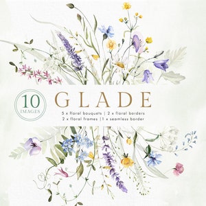 Wildflowers Watercolor wild field Meadow floral flowers clipart Green frame bouquet border wedding invitation logo png digital leaves spring