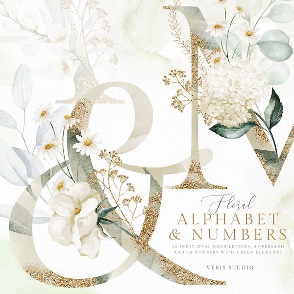 White Gold Green Flowers Eucalyptus Leaves Alphabet Ampersand Number Watercolor floral clipart wedding invitation png peony rose font daisy