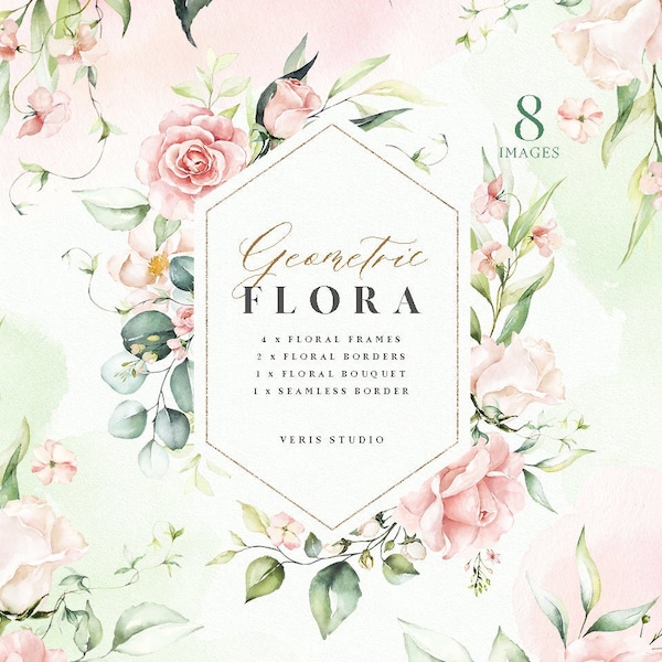 Watercolor Peach Pink Blush Green Gold geometric bouquet border frame flowers wedding invitation floral clipart png digital leaves template