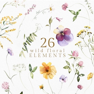 Wildblumen Aquarell wilde Feldelemente Wiese florale Blumen Clipart grüner Blumenstrauß Hochzeitseinladung Logo png digitale Blätter Frühling