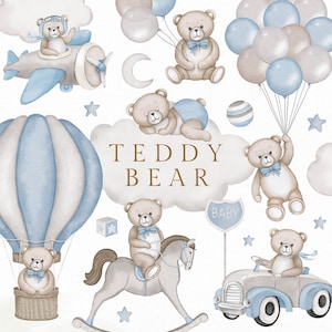 Watercolor Teddy bear clipart boy baby shower blue vintage cute boho editable theme welcome sign poster instant download PNG digital invite
