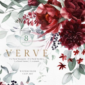 Acuarela rosa Borgoña granate verde eucalipto ramo borde marco rosa peonía flor boda invitación floral clipart verde digital