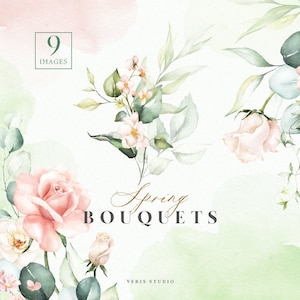 Aquarelle Pêche Rose Blush Vert eucalyptus bouquet fleurs invitation de mariage floral clipart png papier numérique feuilles modèle rose blanc