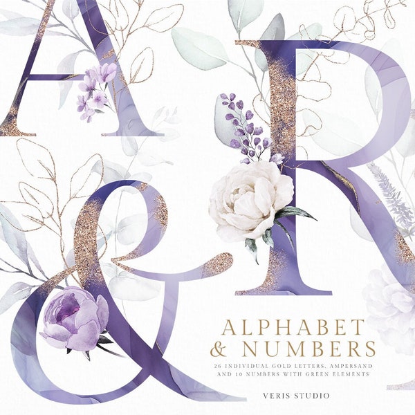 Gold Violet Purple Eucalyptus Leaves Alphabet Ampersand Number Watercolor floral clip art wedding invitation png letter logo font monogram