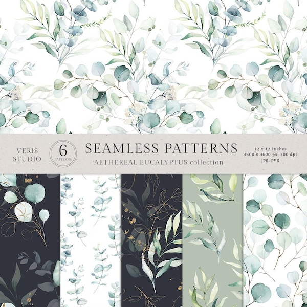 Seamless Patterns - Textile Fabric Digital Paper Leaf - Scrapbook Papers - Background - Printable Set Watercolor Floral Botanical Eucalyptus