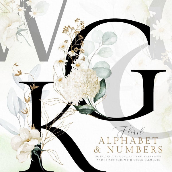 Black White Gold Green Eucalyptus Alphabet Ampersand Number Watercolor floral clipart wedding invitation png peony rose chamomile letters