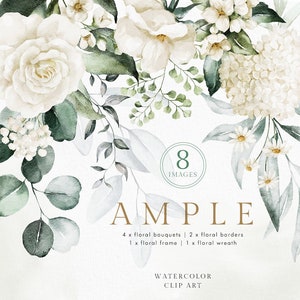 Watercolor Green White flowers eucalyptus bouquet border rose peony chamomile wedding invitation floral clipart png digital greenery leaves