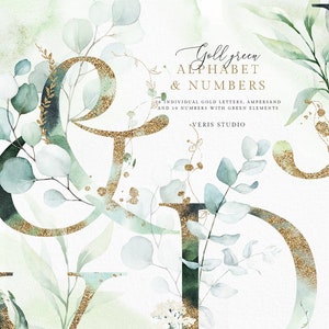 Gold Green Eucalyptus Leaves Alphabet Ampersand Number Watercolor floral clip art wedding invitation png lettering logo symbol font monogram