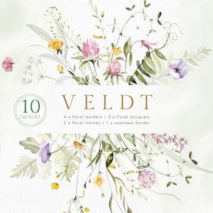 Fleurs sauvages Aquarelle champ sauvage Prairie fleurs florales clipart Cadre vert bouquet frontière mariage faire-part logo png numérique feuilles printemps