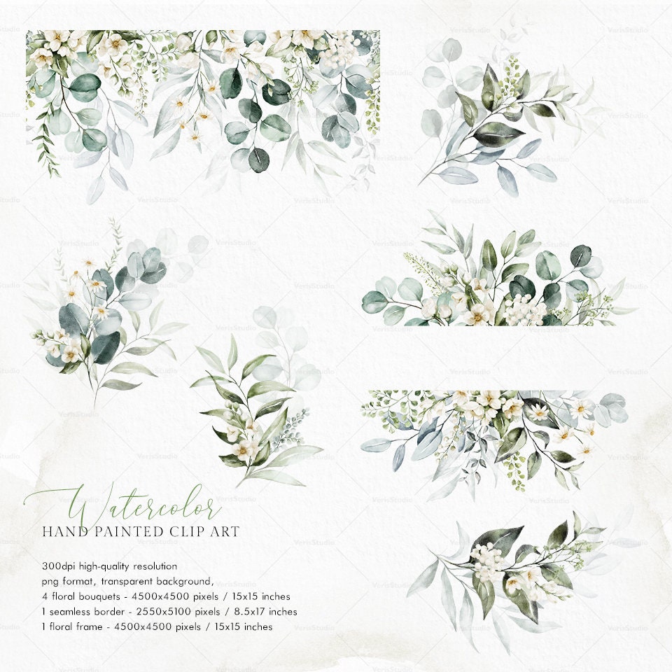Watercolor Green White Flower Eucalyptus Bouquet Border Frame Rose ...