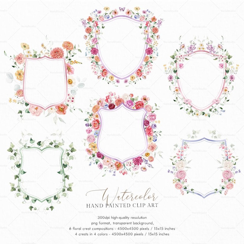 Op de afbeelding: Watercolor bloemenkam clip art. Zes kamcomposities, elk met een unieke bloemarrangement in roze, gele en paarse tinten. De kammen zijn schildvormig met een transparante achtergrond. De tekst "Watercolor HAND PAINTED CLIP ART" is inbegrepen.