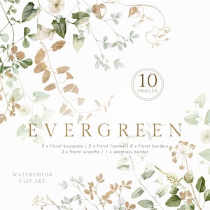 Aquarelle or vert fleurs fleurs sauvages eucalyptus bouquet bordure cadre faire-part de mariage floral clipart png numérique feuilles de lierre sans soudure