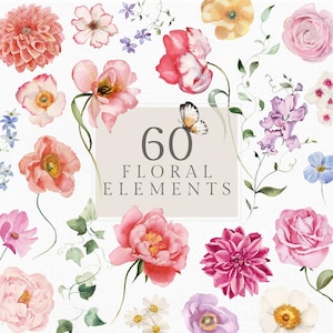Könnte beinhalten: Aquarell-Blumenelemente in verschiedenen Farben, darunter Rosa, Rot, Lila und Gelb. Das Bild zeigt eine Vielzahl von Blumen, Blättern und Ranken. Der Text "60 Floral Elements" wird in einem rechteckigen Feld mit einem Schmetterling angezeigt.