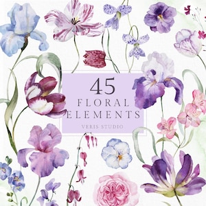 May include: A watercolour illustration of 45 floral elements in purple, pink, and blue. The image shows various flowers, including irises, tulips, and roses, with green stems and leaves. Text on the image reads "45 Floral Elements" and "Veris Studio."