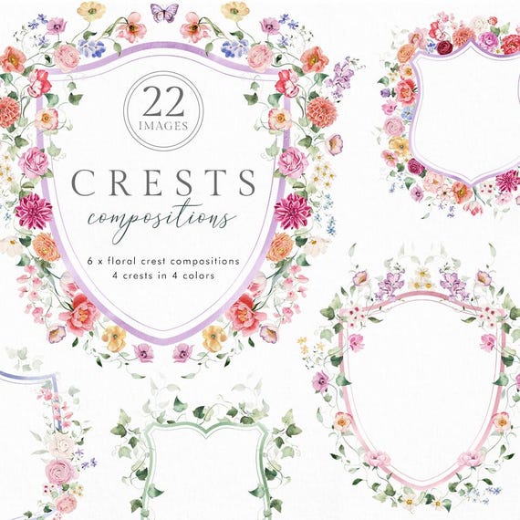 Floral Wedding Invitation Crest, Watercolor Clipart Coat of Arms Flowers, Floral Shield, Heraldic Medieval-style Royal, Wildflowers Frames
