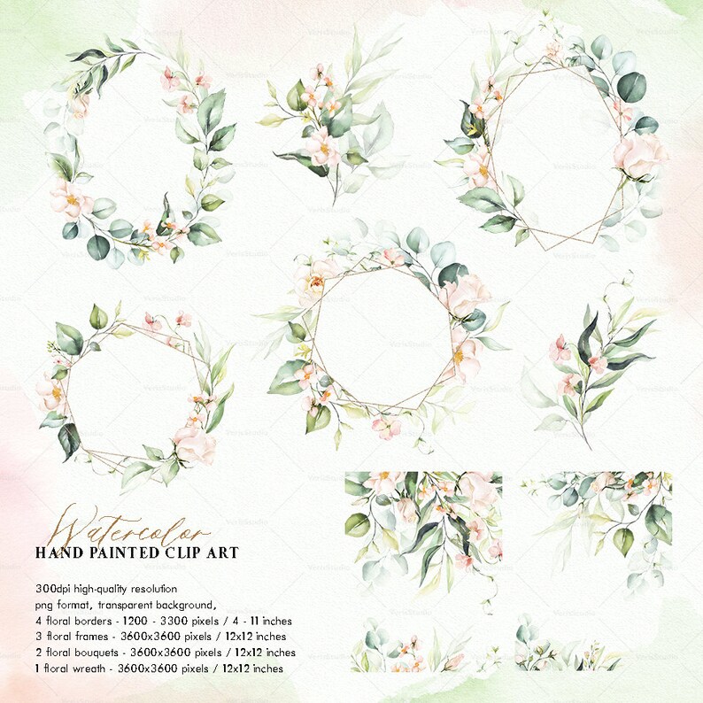 May include: Watercolor hand-painted clip art featuring floral borders, frames, bouquets, and a wreath. The designs include delicate pink flowers and green leaves, with some elements set within gold geometric frames. The image has a transparent background.
