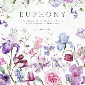 Può includere: Design floreale ad acquerello con la parola "EUPHONY" in alto. L'immagine presenta vari fiori nelle tonalità del viola, rosa e blu, tra cui iris, tulipani e rose. Il testo indica che il set include bouquet, bordi e cornici floreali.