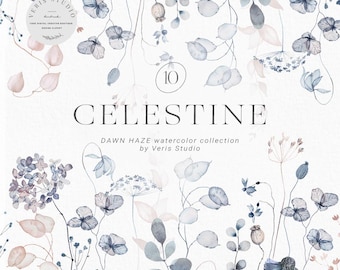 Watercolor Floral Clipart, Dusty Blue Blush Botanical Flowers, Boho Wedding Floral Bouquets PNG, Invitation Stationery Clipart Printable Set