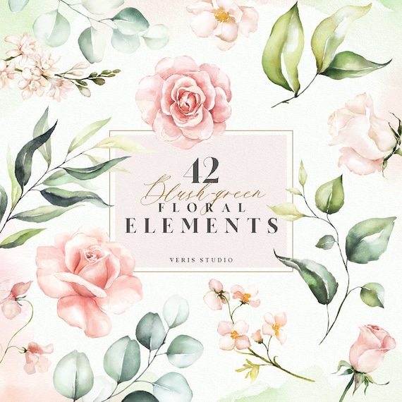 Watercolor Peach Pink Blush Green Floral Set Elements Bouquet - Etsy