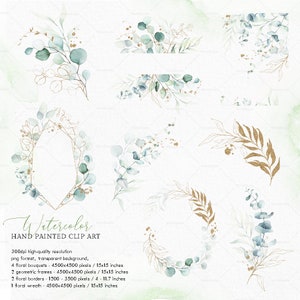 Watercolor Green Gold eucalyptus Geometric frame bouquet border wreath wedding invitation floral clipart png digital greenery leaves spring image 2