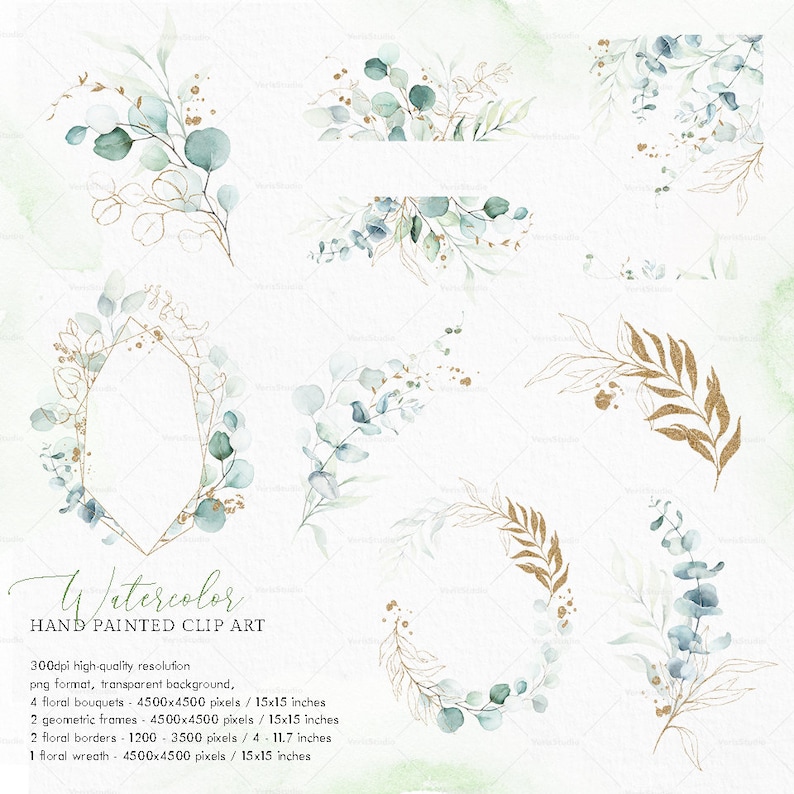Watercolor Green Gold eucalyptus Geometric frame bouquet border wreath wedding invitation floral clipart png digital greenery leaves spring image 2
