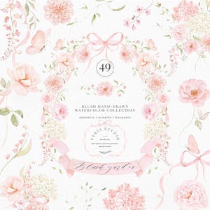 Watercolor Floral Clipart, Blush Hydrangea Rose Peonies Flower Butterfly Ivy Liana Clipart Set: Bouquets, Frames, Wreaths, Ribbons, Elements