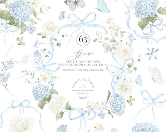 Watercolor Flower Blue Green White hydrangea clipart bouquet isolated elements vintage peony wedding invitation floral png print pattern