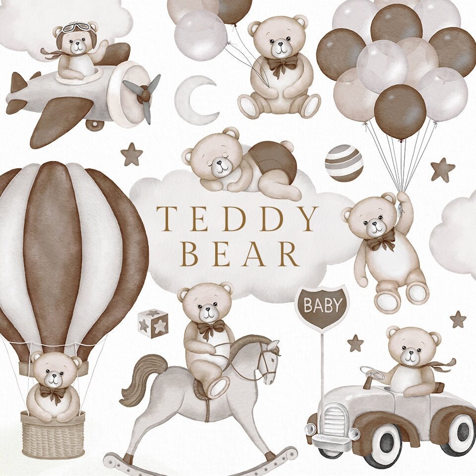Watercolor Teddy Bear Clipart Boy Girl Baby Shower Brown Vintage Cute ...