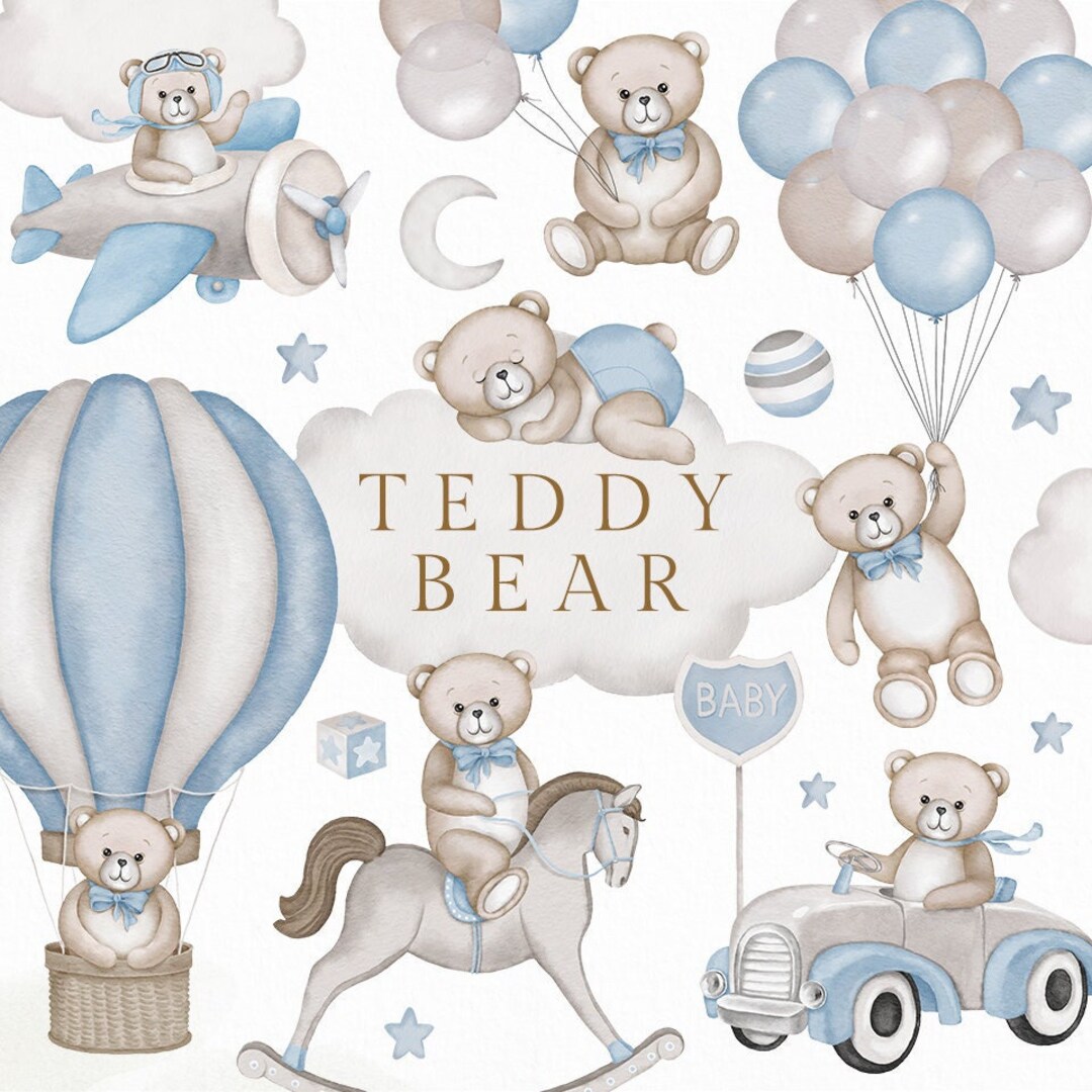 Watercolor Teddy Bear Clipart Boy Baby Shower Blue Vintage Cute Boho ...
