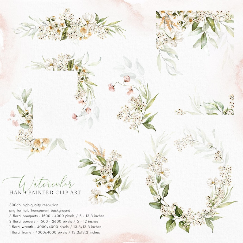 Akvarell vit vår rodnad grön eukalyptusbukett blommor bröllopsinbjudan blommig clipart png krans ram löv ros blomma konst bild 2