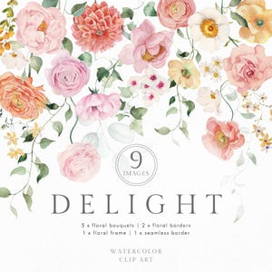 Op de afbeelding: Waterverf clip art met bloemboeketten, randen en frames. Het ontwerp toont roze, perzik en gele bloemen met groene bladeren. Het woord "DELIGHT" is in grijs geschreven. De set bevat 9 afbeeldingen.