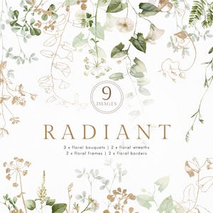 Aquarell Grün Gold Blumen Wildblumen Eukalyptus Bouquet Rahmen Hochzeit Einladung Blumen Clipart PNG Digital Blätter Efeu