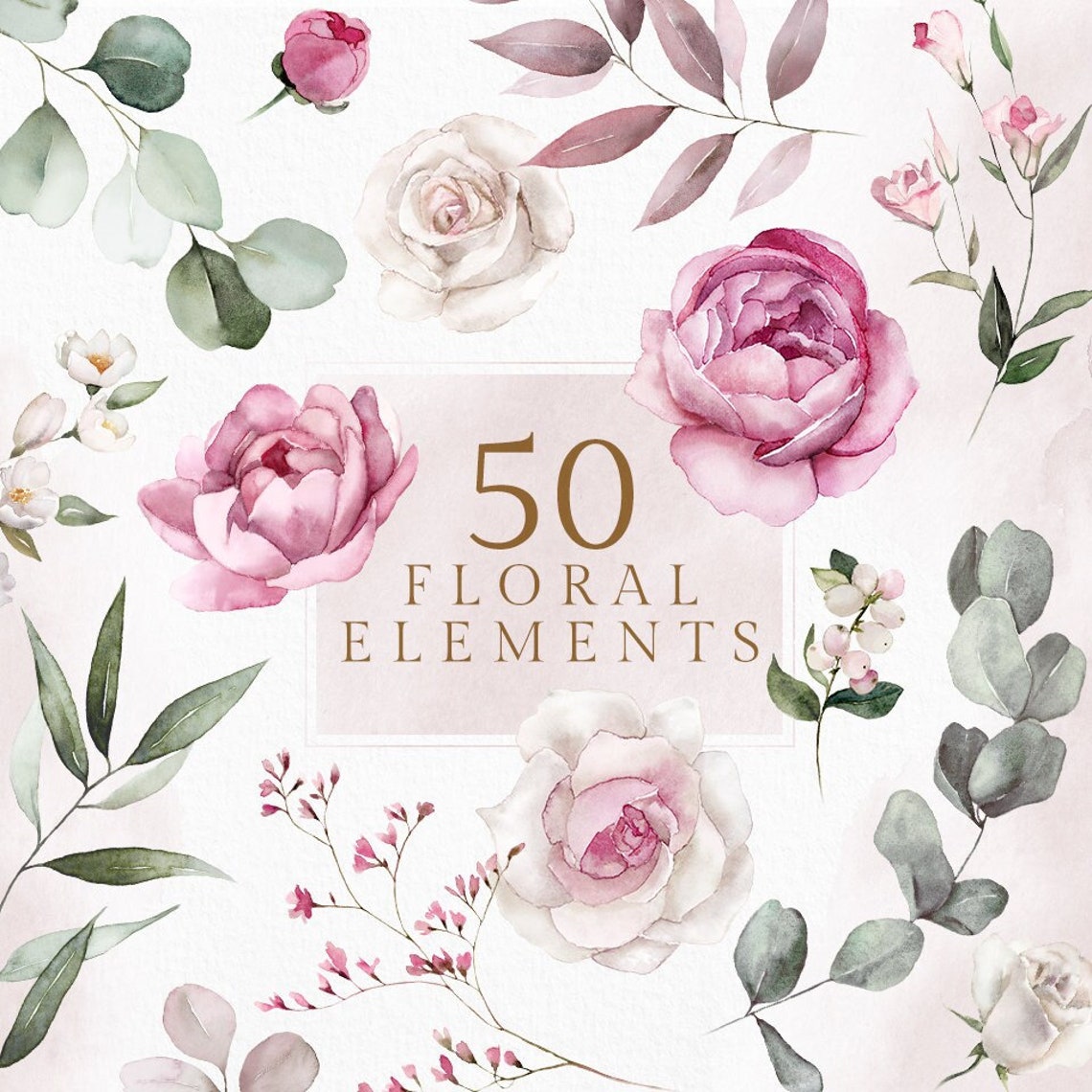 Watercolor Pink Blush White Green Floral Set Rose Peony - Etsy