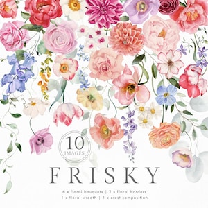 Puede incluir: Arreglo floral en acuarela con una variedad de flores en tonos rosa, rojo, melocotón, morado y azul. La palabra "FRISKY" se muestra debajo de las flores, junto con el texto "10 IMAGES". Incluye 6 ramos florales, 2 bordes florales, 1 corona floral y 1 composición de cresta.