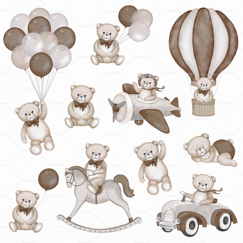 Watercolor Teddy Bear Clipart Boy Girl Baby Shower Brown Vintage Cute ...