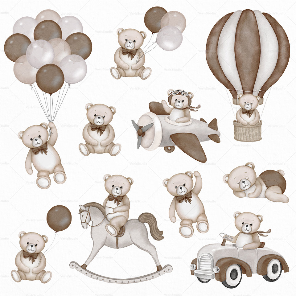 Watercolor Teddy Bear Clipart Boy Girl Baby Shower Brown Vintage Cute ...