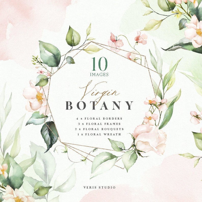 Watercolor Peach Pink Blush Green White Gold geometric bouquet frame flowers wedding invitation floral clipart png digital leaves template image 1