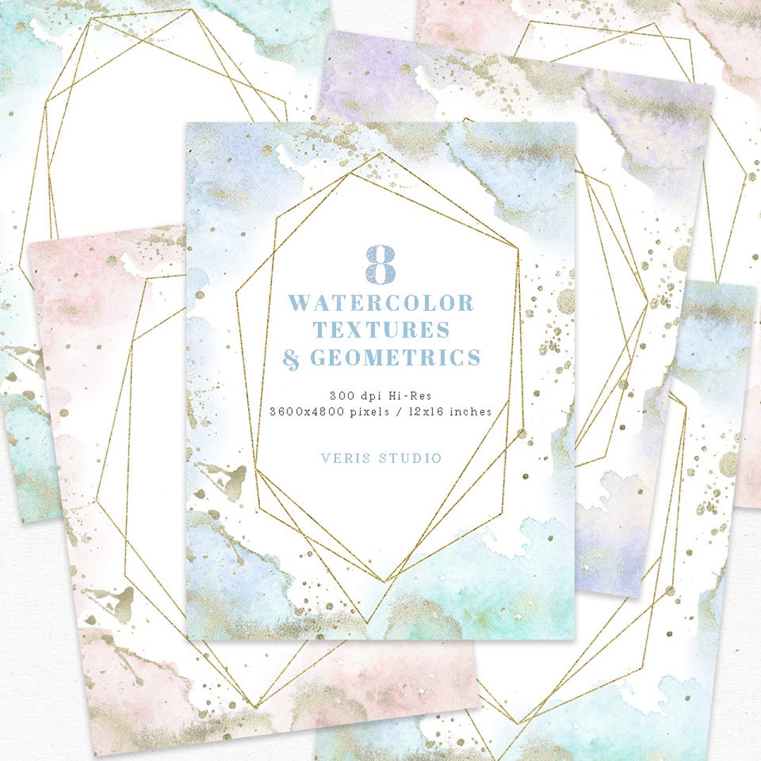 Watercolor Gold Geometric Frame Texture Background Blue Pink Splashes ...