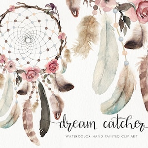 Acquerello Dream Catcher - piuma e fiore boho. Matrimonio, boho, clip art, vintage, collezione, PNG individuale, dipinto a mano, rustico