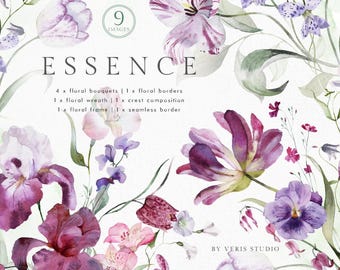 May include: Watercolor floral design featuring purple, pink, and white flowers. The word "ESSENCE" is displayed in large letters. The image includes floral bouquets, borders, a wreath, a crest composition, a frame, and a seamless border.