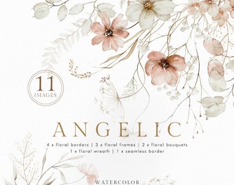 May include: Watercolor clip art set with 11 images of delicate floral bouquets, borders, frames, and a wreath in shades of blush pink, beige, and white. The set is called "Angelic".