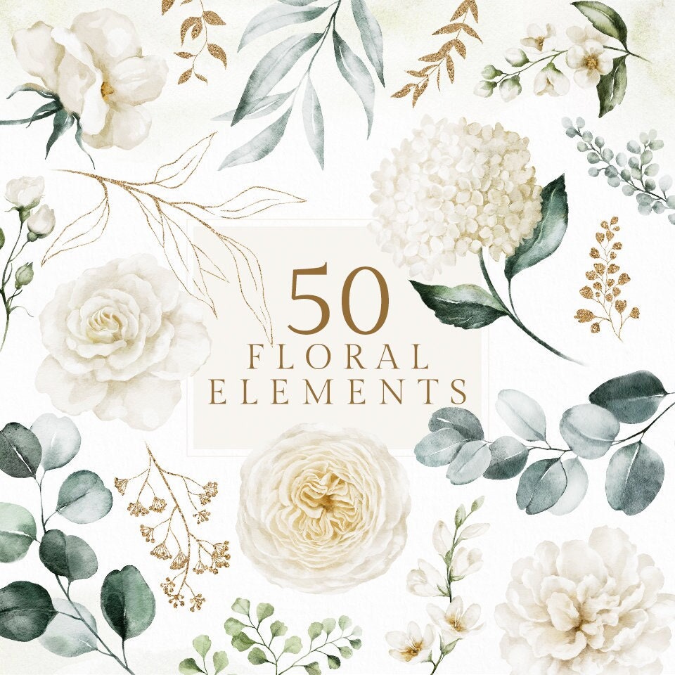 Black White and Gold Flowers PNG, Watercolor Floral Clipart Bouquets,  Elements, Commercial Use, Digital Clipart PNG 