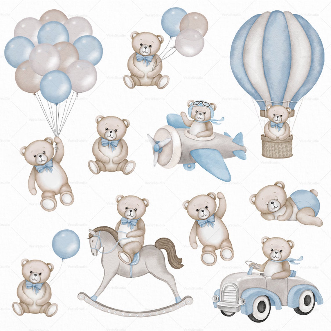 Watercolor Teddy Bear Clipart Boy Baby Shower Blue Vintage Cute Boho ...
