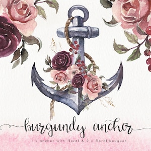 Aquarela Borgonha Âncora - clipart floral boho. Casamento boho clip art coleção vintage individual PNG pintado à mão rústico náutico
