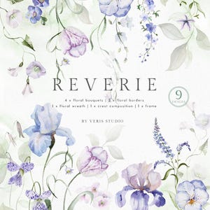 May include: Watercolor floral design with the word "REVERIE" in a serif font. The image features bouquets, borders, a wreath, and a frame. The color palette includes shades of purple, blue, and green. The text "BY VERIS STUDIO" is also present.
