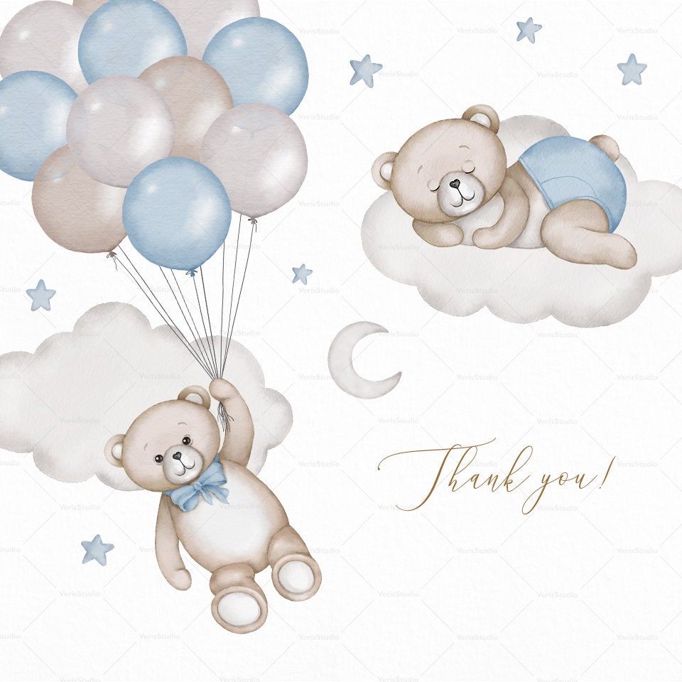 Watercolor Teddy Bear Clipart Boy Baby Shower Blue Vintage Cute Boho ...